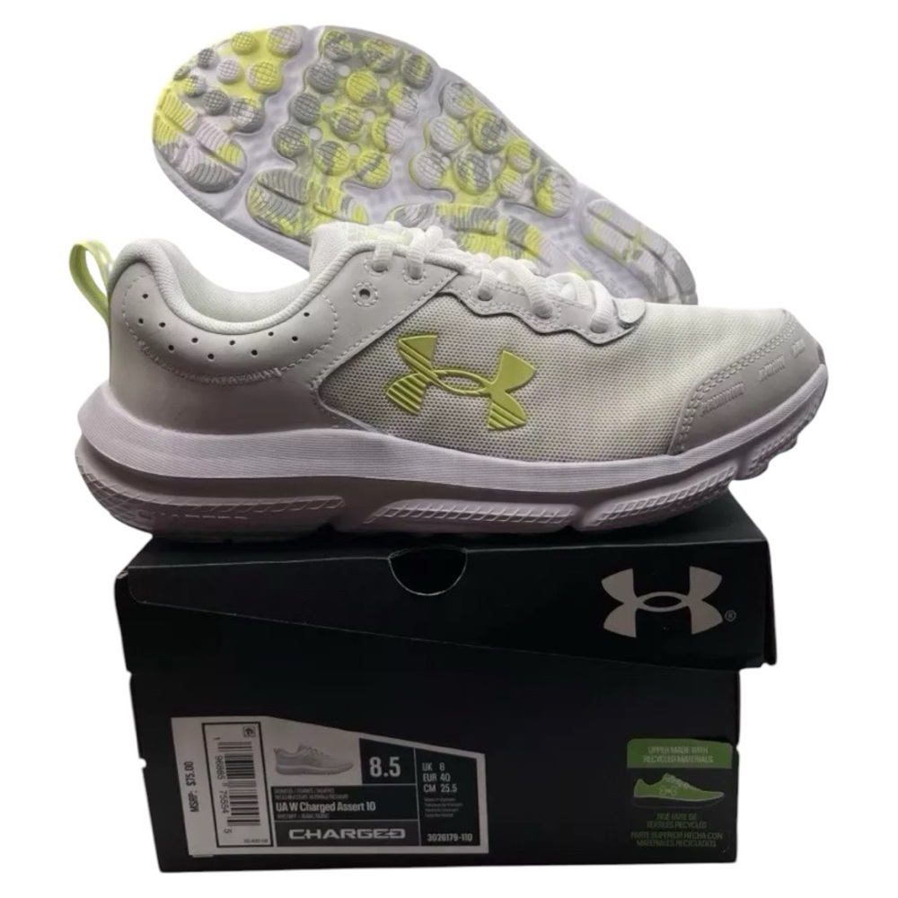 New Under Armour Charged Assert 10 White‎ Sonic Yellow Women’s 8.5